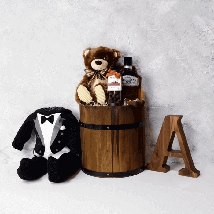 Baby Boy Tuxedo Gift Basket with Whiskey and Plush Bear – how the gift is presented