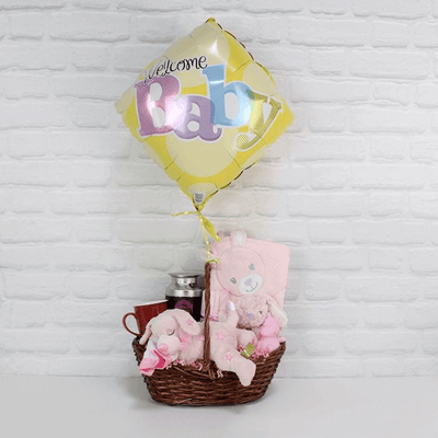 "Welcome Newborn Baby Girl Gift Baske"t Baby Plush with Welcome Baby Balloon from Montreal Baskets - Montreal Delivery