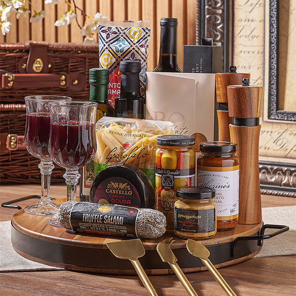 Gourmet gift basket arranged for presentation